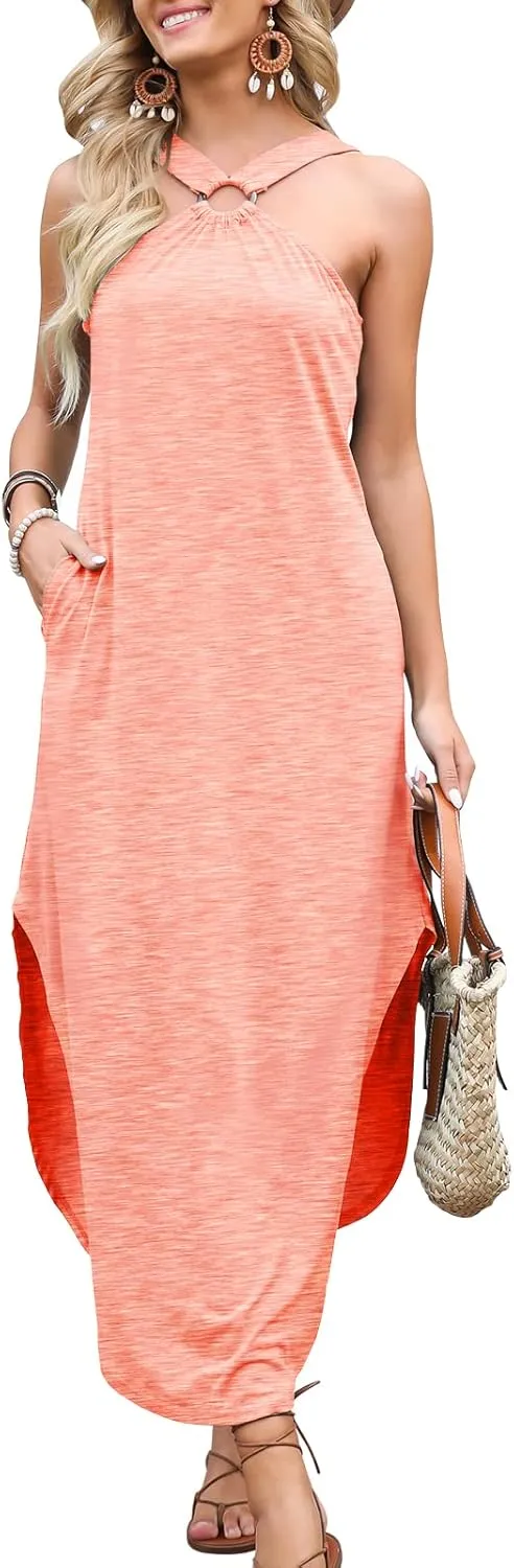 ANRABESS Women Summer Halter Neck Sundress Sleeveless Split Side Casual Beach Travel Vacation Maxi Long Dress with Pockets