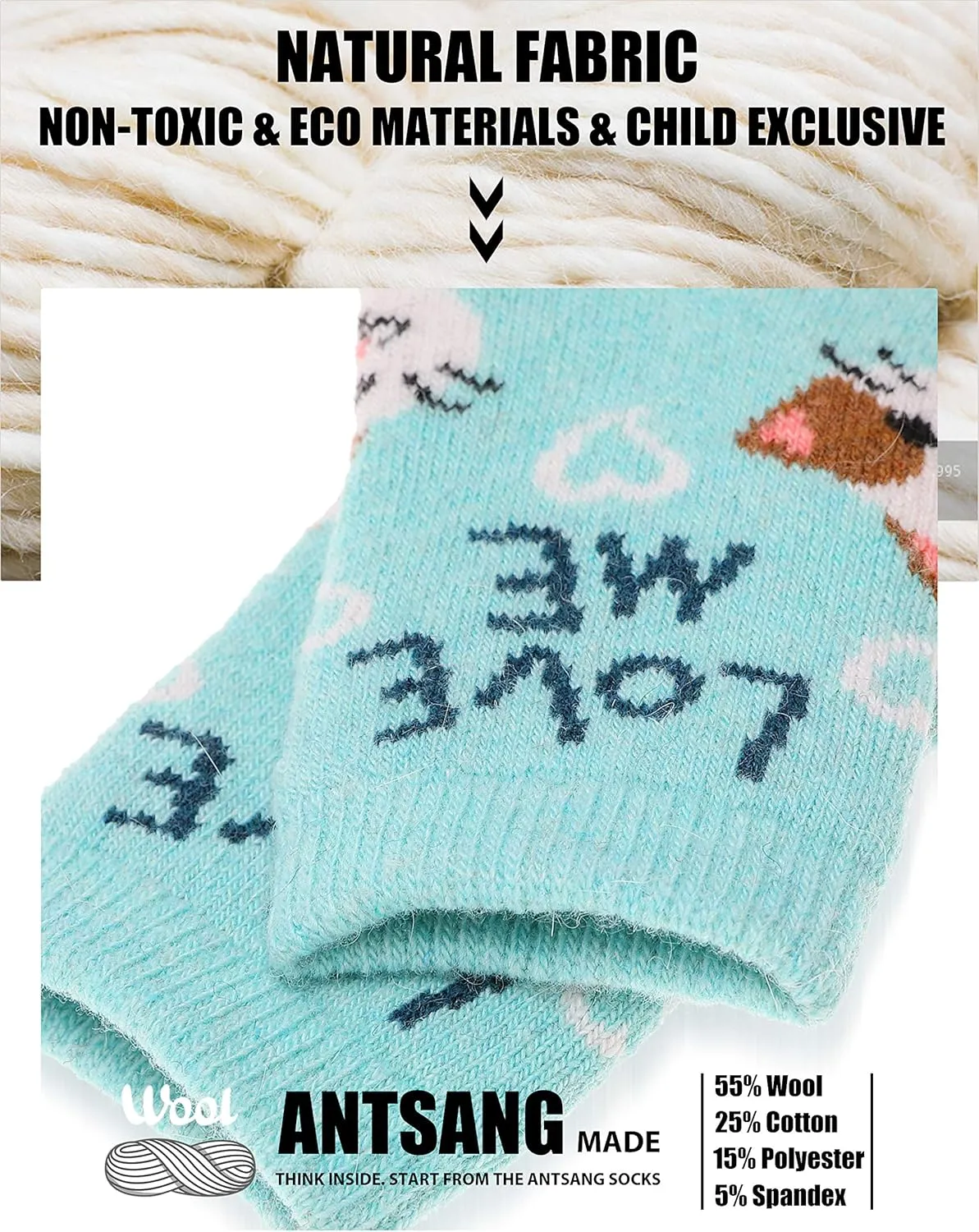 ANTSANG Kids Merino Wool Hiking Socks for Toddlers Boys Girls Warm Thick Thermal Crew Boot Heavy Cozy Gift Socks 6 Pairs