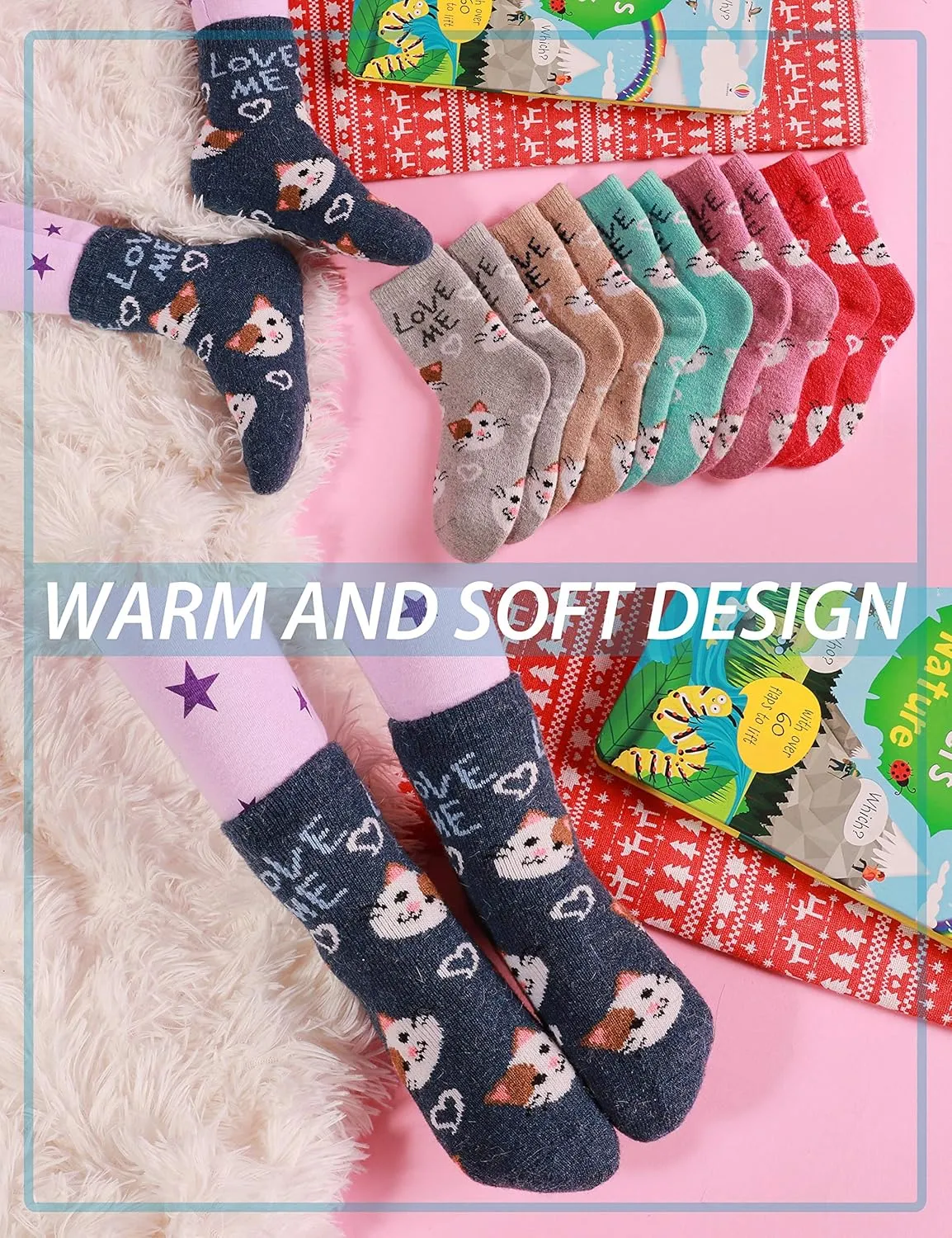 ANTSANG Kids Merino Wool Hiking Socks for Toddlers Boys Girls Warm Thick Thermal Crew Boot Heavy Cozy Gift Socks 6 Pairs