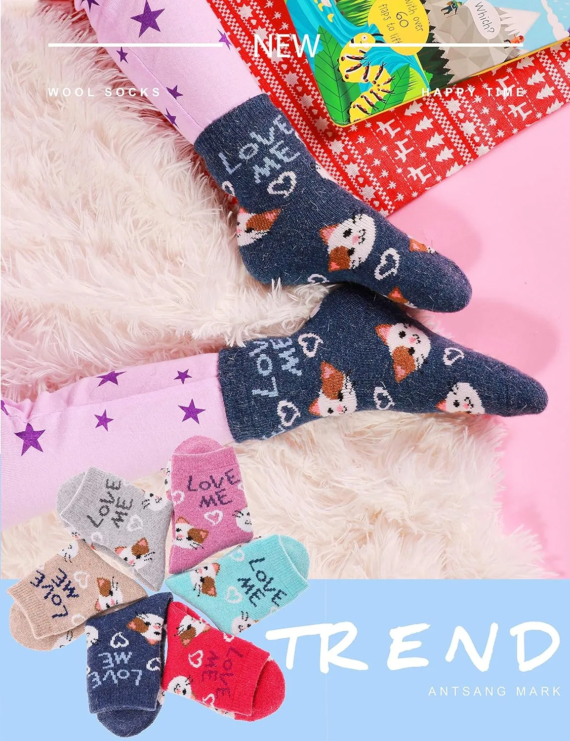 ANTSANG Kids Merino Wool Hiking Socks for Toddlers Boys Girls Warm Thick Thermal Crew Boot Heavy Cozy Gift Socks 6 Pairs
