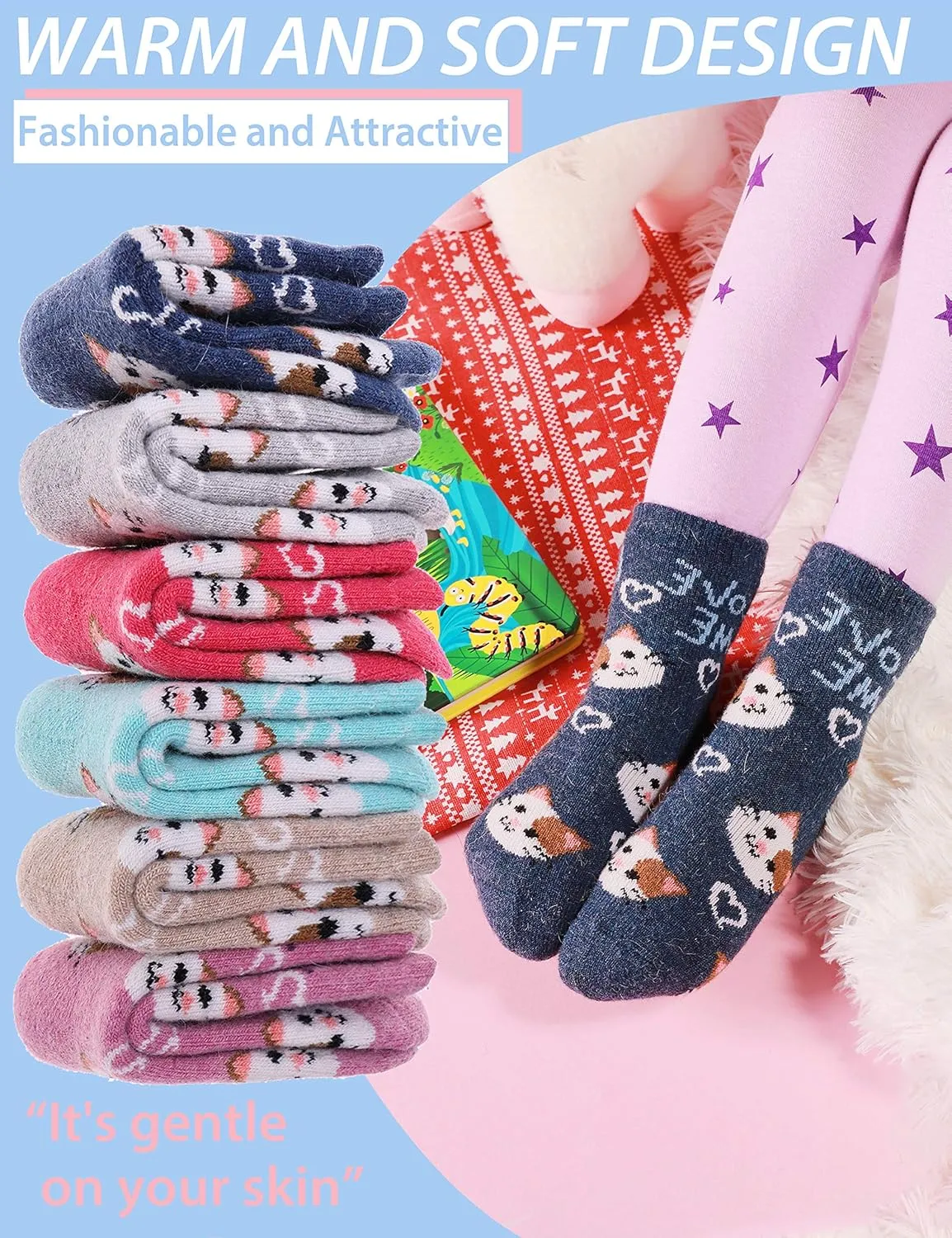 ANTSANG Kids Merino Wool Hiking Socks for Toddlers Boys Girls Warm Thick Thermal Crew Boot Heavy Cozy Gift Socks 6 Pairs