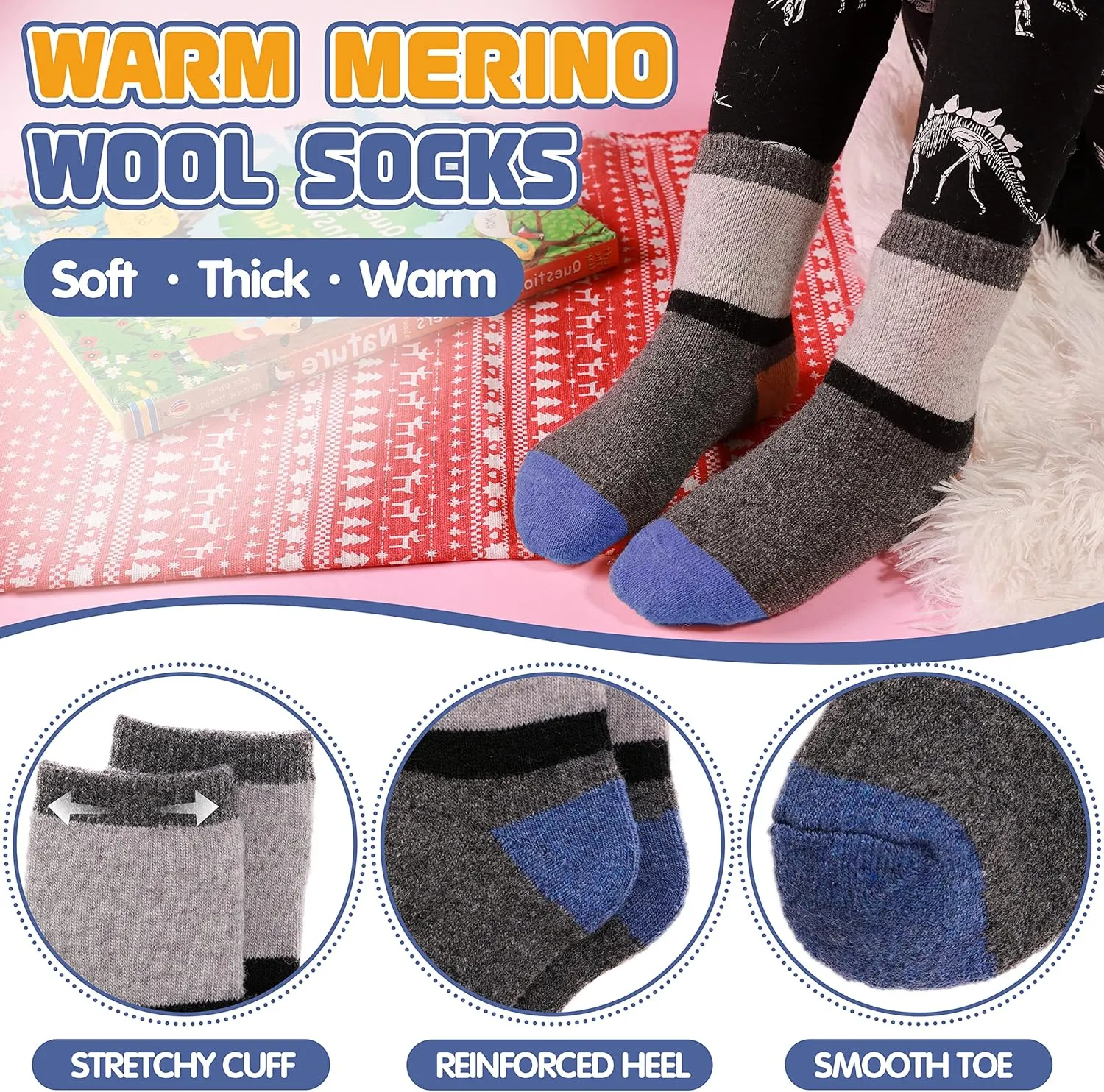ANTSANG Kids Wool Hiking Socks Winter Warm Thick Thermal Crew Boot Heavy Cozy Gift Snowboarding Socks 6 Pairs