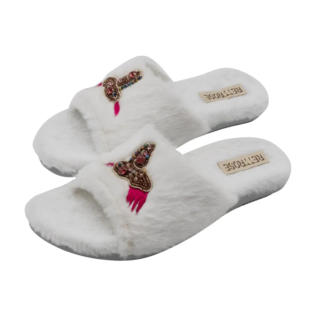 Ariella Cream Luxury Plush Diamanté Embellished Handmade Slipper