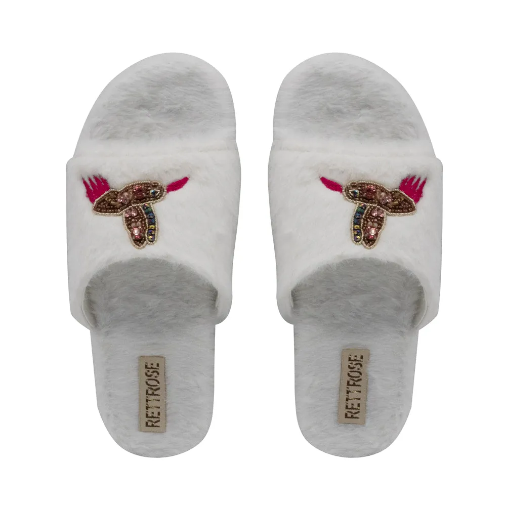 Ariella Cream Luxury Plush Diamanté Embellished Handmade Slipper