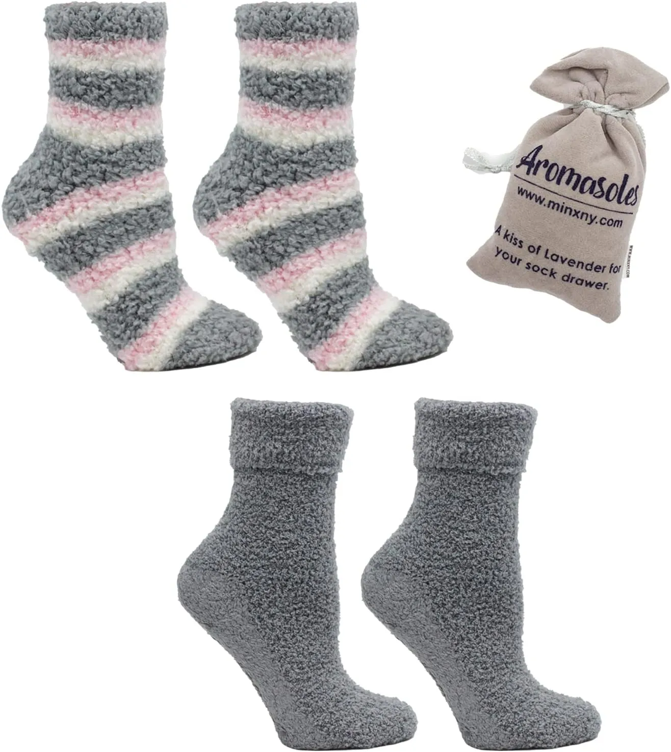Aromasoles Non-Skid 2-pack Rose and Shea Butter Infused Slipper Socks with Grips Fuzzy Cozy Winter Plush Fluffy Socks for Women's Day Gift