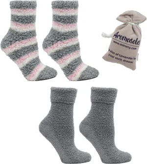 Aromasoles Non-Skid 2-pack Rose and Shea Butter Infused Slipper Socks with Grips Fuzzy Cozy Winter Plush Fluffy Socks for Women's Day Gift