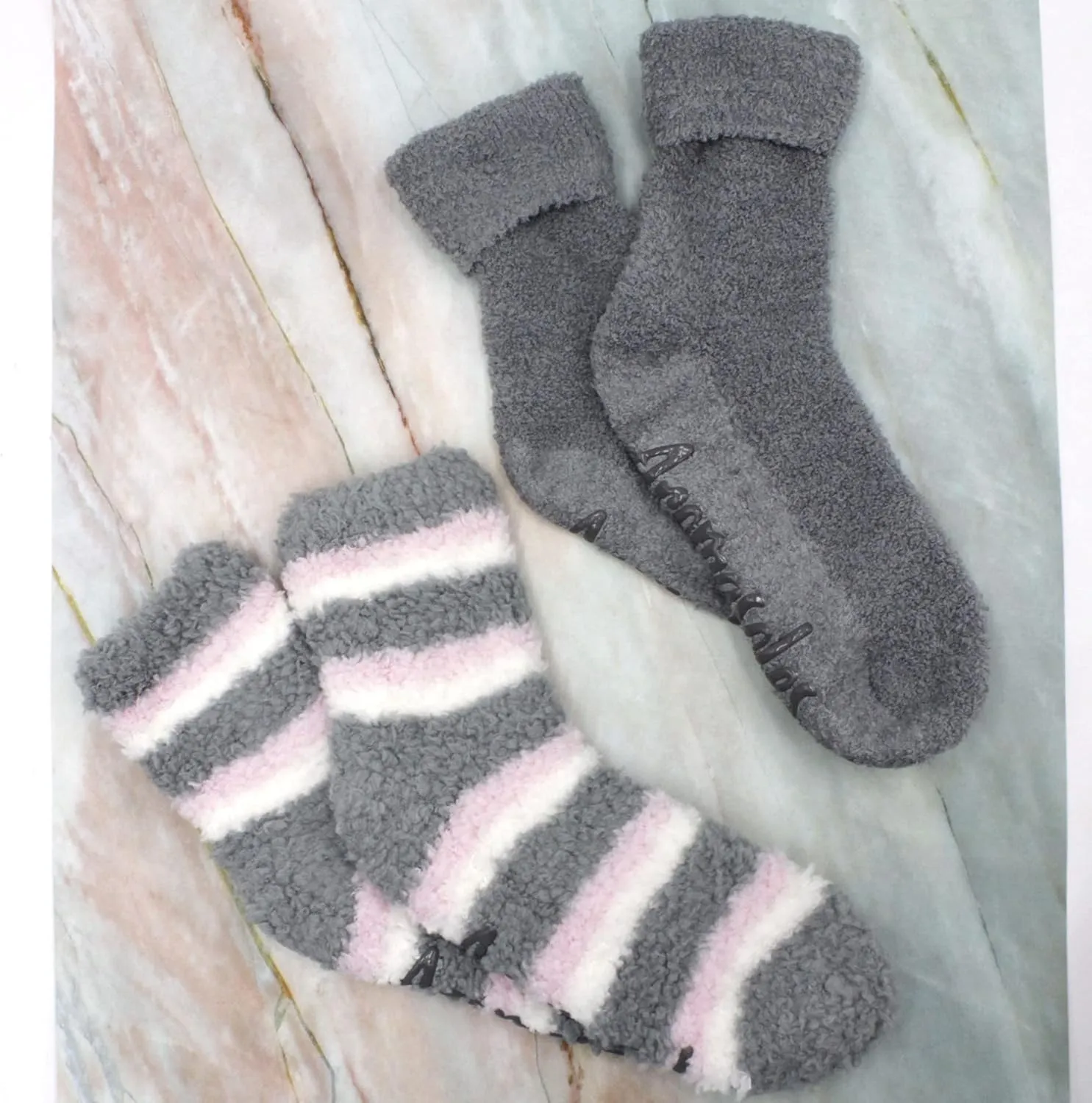 Aromasoles Non-Skid 2-pack Rose and Shea Butter Infused Slipper Socks with Grips Fuzzy Cozy Winter Plush Fluffy Socks for Women's Day Gift