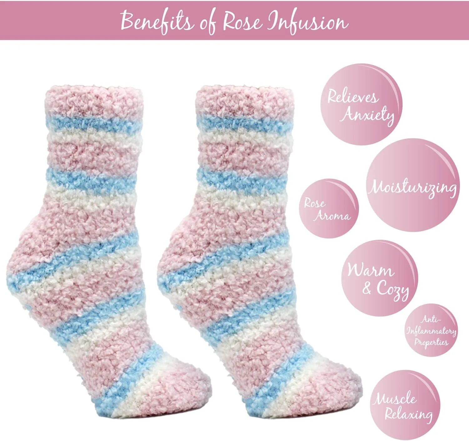 Aromasoles Non-Skid 2-pack Rose and Shea Butter Infused Slipper Socks with Grips Fuzzy Cozy Winter Plush Fluffy Socks for Women's Day Gift