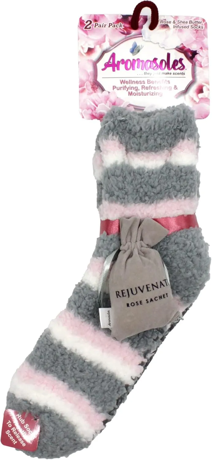 Aromasoles Non-Skid 2-pack Rose and Shea Butter Infused Slipper Socks with Grips Fuzzy Cozy Winter Plush Fluffy Socks for Women's Day Gift