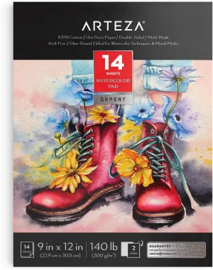 ARTEZA Watercolor Paper, 14 Sheets, 9x12 Inches Water Pad, 140lb/300gsm, 100% Cotton, Double-Sided, Hot Press, Acid Free Art Paper