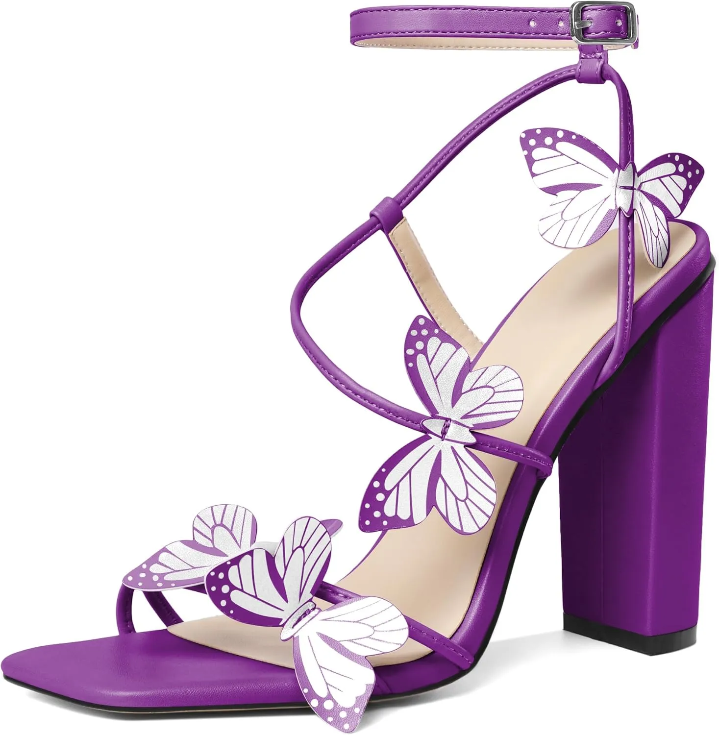 AUMOTED Womens Sandals Chunky Block High Heels Butterfly Wings Heeled Sandals Strappy Open Square Toe Summer Dress Shoes 4 Inch