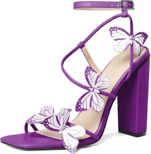 AUMOTED Womens Sandals Chunky Block High Heels Butterfly Wings Heeled Sandals Strappy Open Square Toe Summer Dress Shoes 4 Inch