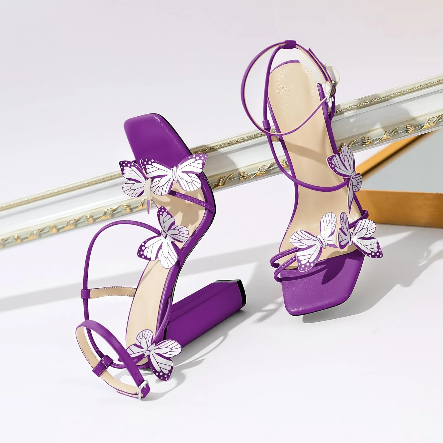 AUMOTED Womens Sandals Chunky Block High Heels Butterfly Wings Heeled Sandals Strappy Open Square Toe Summer Dress Shoes 4 Inch