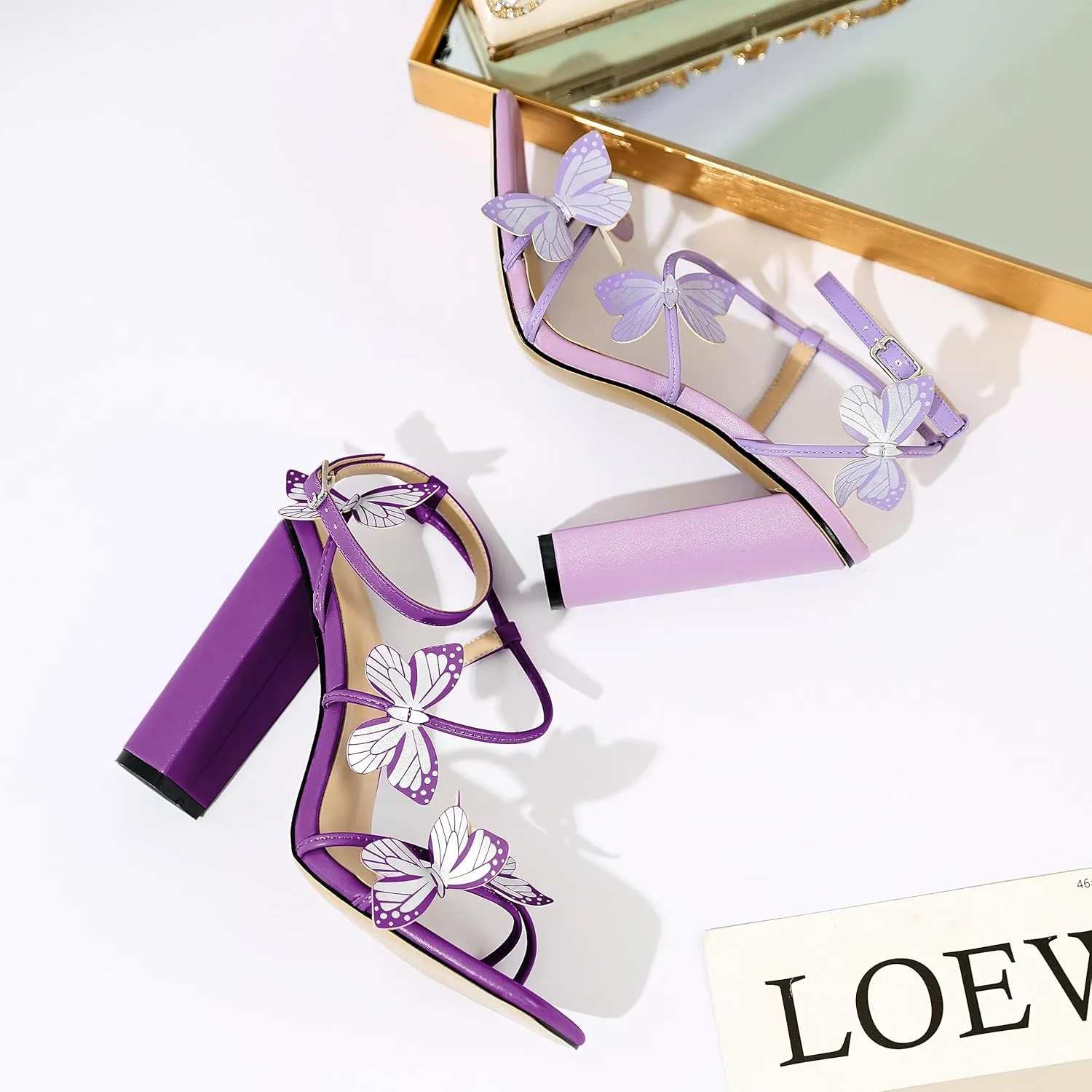 AUMOTED Womens Sandals Chunky Block High Heels Butterfly Wings Heeled Sandals Strappy Open Square Toe Summer Dress Shoes 4 Inch