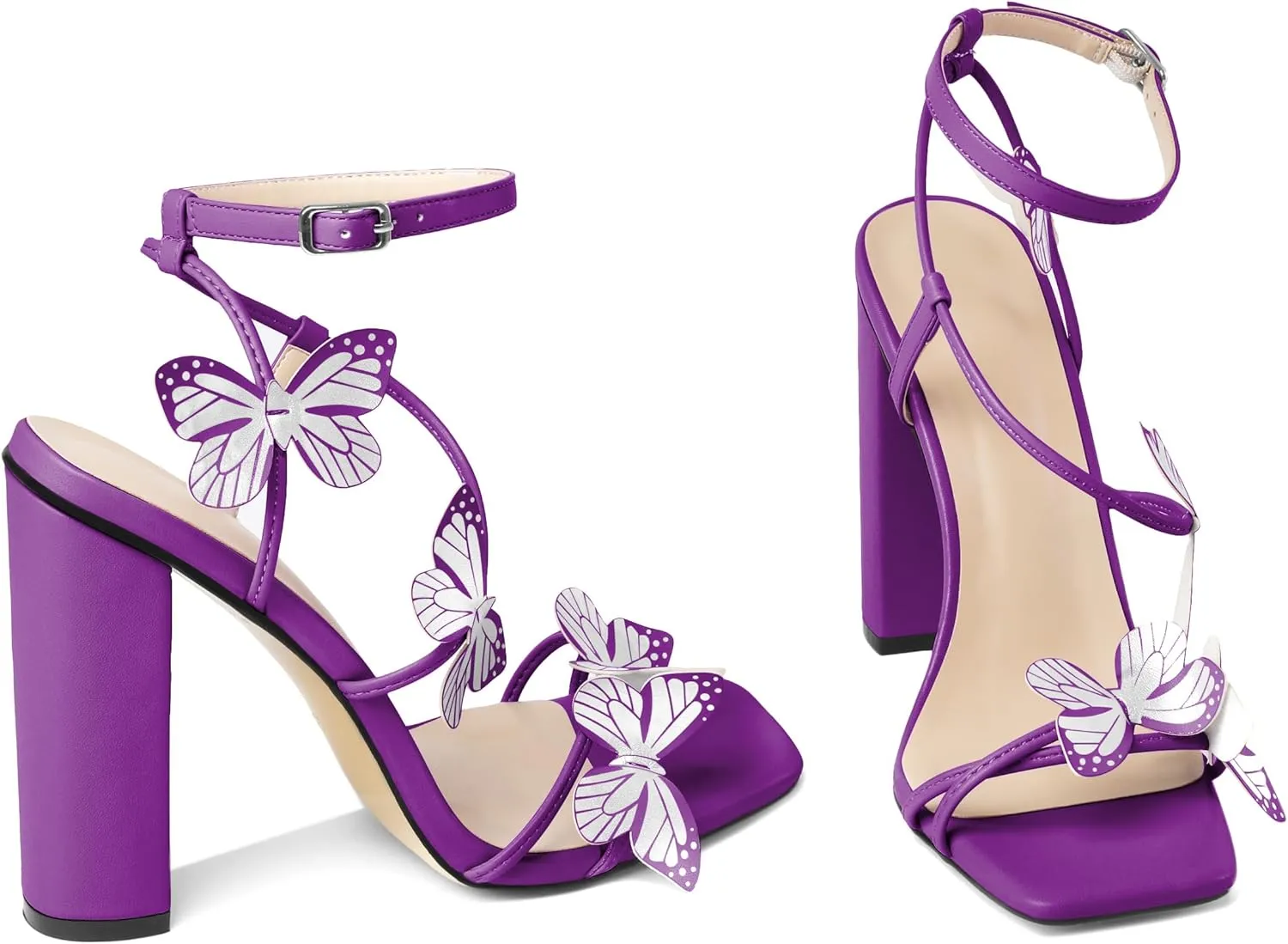 AUMOTED Womens Sandals Chunky Block High Heels Butterfly Wings Heeled Sandals Strappy Open Square Toe Summer Dress Shoes 4 Inch