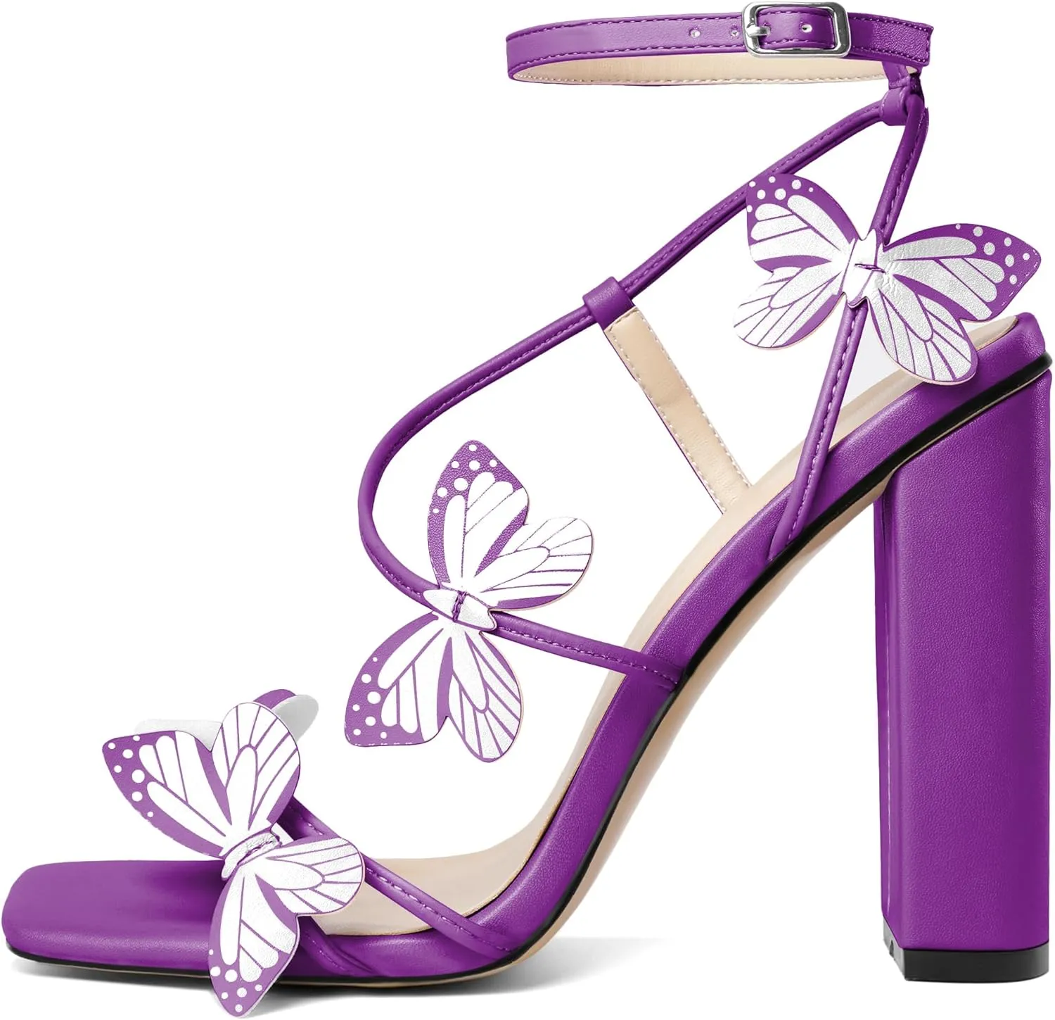AUMOTED Womens Sandals Chunky Block High Heels Butterfly Wings Heeled Sandals Strappy Open Square Toe Summer Dress Shoes 4 Inch