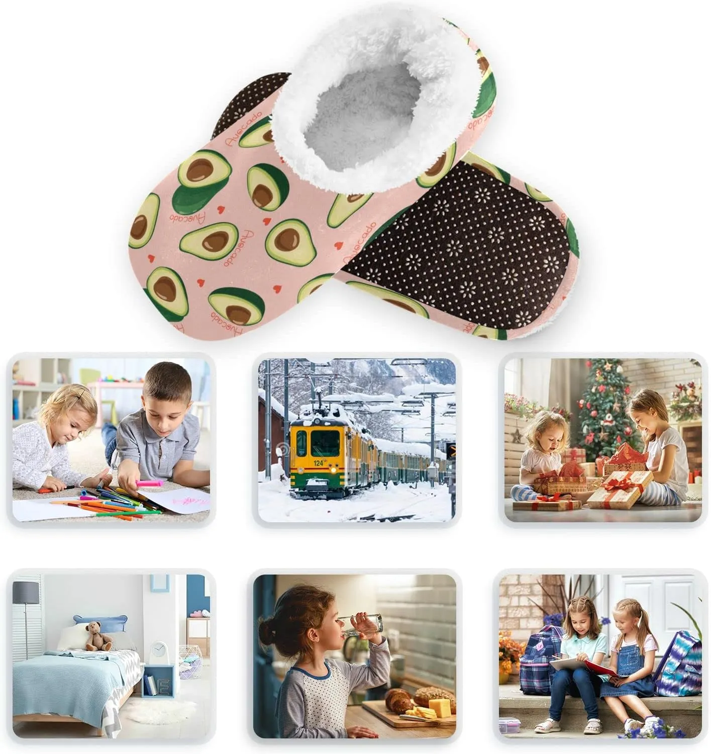 Avocado Pink Heart Slippers for Kids Home House Fuzzy Slipper Indoor Soft Plush Fleece Non Slip Casual Shoes for Boys Girls, XS