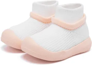 Baby Shoes Girls Boys Baby Sock Shoes with Grip Infant First Walker Shoes Toddler Slipper Non Slip 12-15 Months White