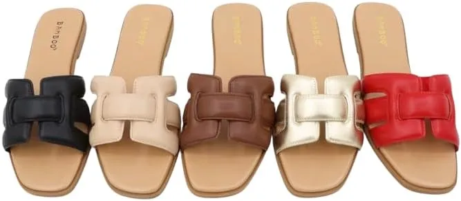 BAMBOO Women's Square Toe Padded Detail Comfortable Slip On Flat Sandals