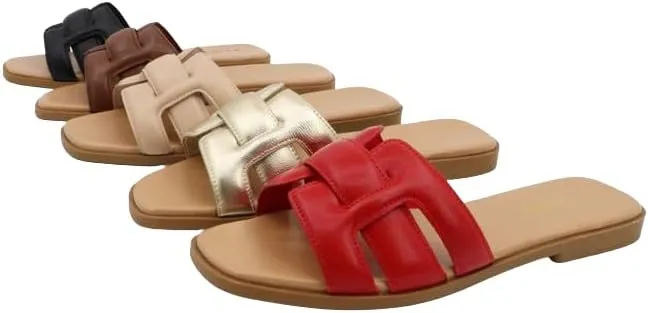 BAMBOO Women's Square Toe Padded Detail Comfortable Slip On Flat Sandals
