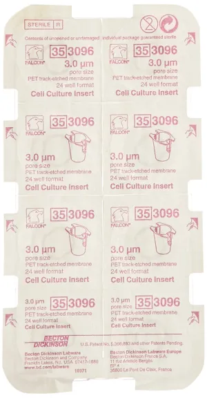 BD 353096 Falcon Polyethylene Terephthalate Cell Culture Insert, 0.2 - 0.35mL Volume, 0.3 Micron Pore, For 24 Well Plates (Case of 48)