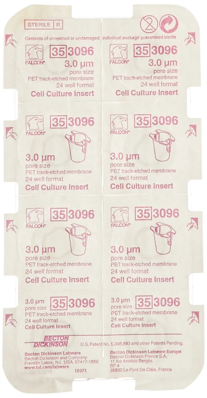 BD 353096 Falcon Polyethylene Terephthalate Cell Culture Insert, 0.2 - 0.35mL Volume, 0.3 Micron Pore, For 24 Well Plates (Case of 48)