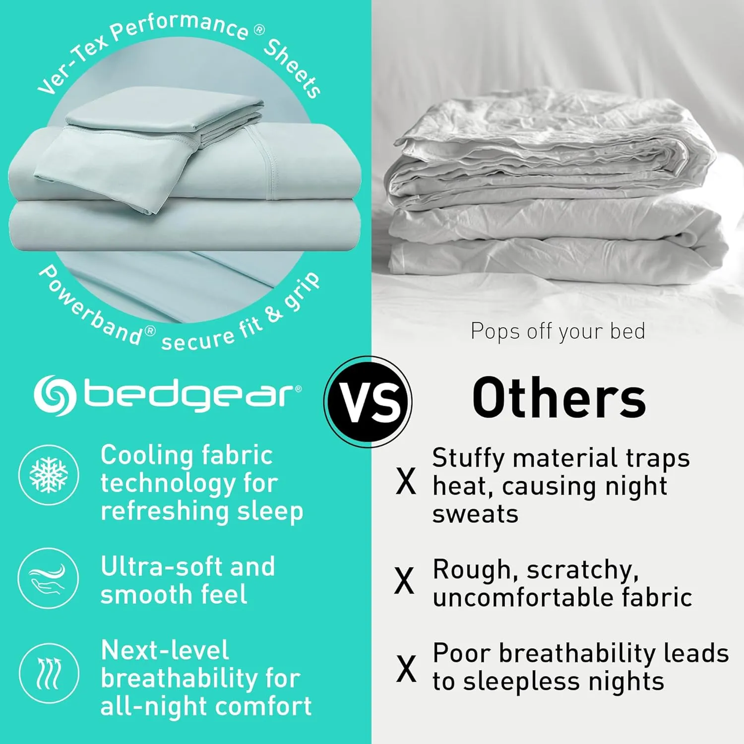 Bedgear Ver-Tex Sheet Set - Instant Cooling Bed Sheets with an Ultra-Soft Feel and a Powerband for a Secure Fit - Includes Fitted Sheet, Flat Sheet, and 2 Pillowcase - King/California King, Misty Blue
