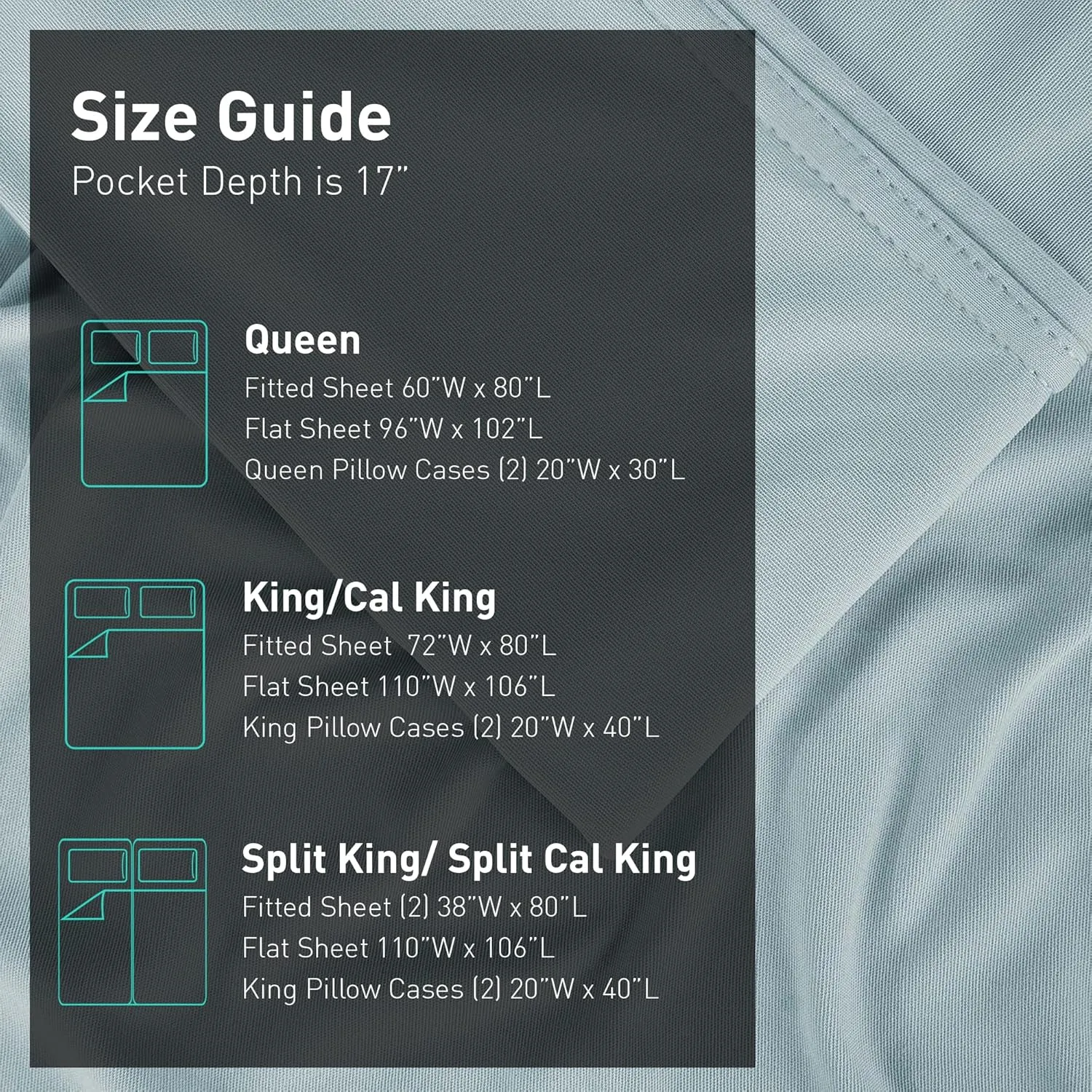 Bedgear Ver-Tex Sheet Set - Instant Cooling Bed Sheets with an Ultra-Soft Feel and a Powerband for a Secure Fit - Includes Fitted Sheet, Flat Sheet, and 2 Pillowcase - King/California King, Misty Blue