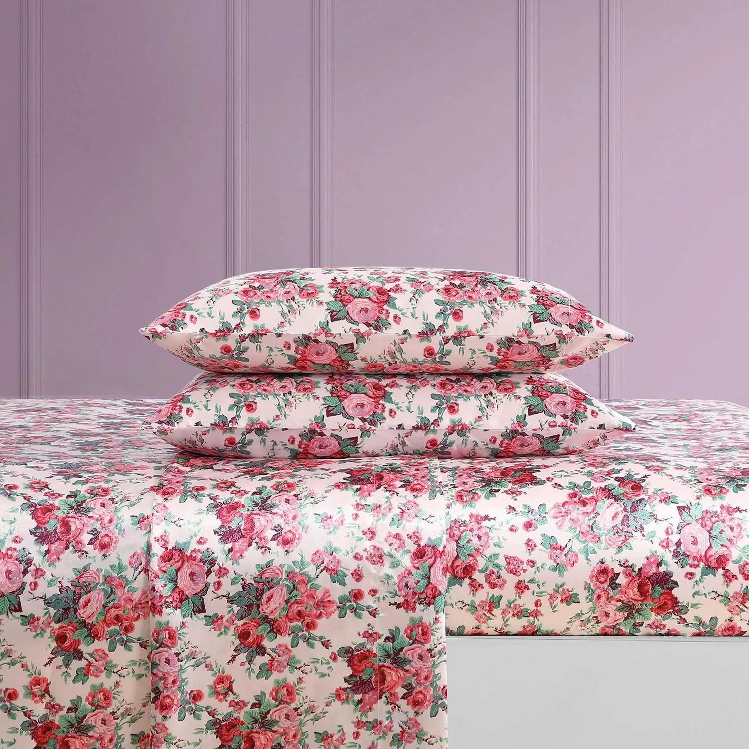 Betsey Johnson - Queen Bed Sheets, Satin Bedding Set with Matching Shams, Smooth & Silky, Chic Room Essentials (Vintage Floral Pink, Queen)