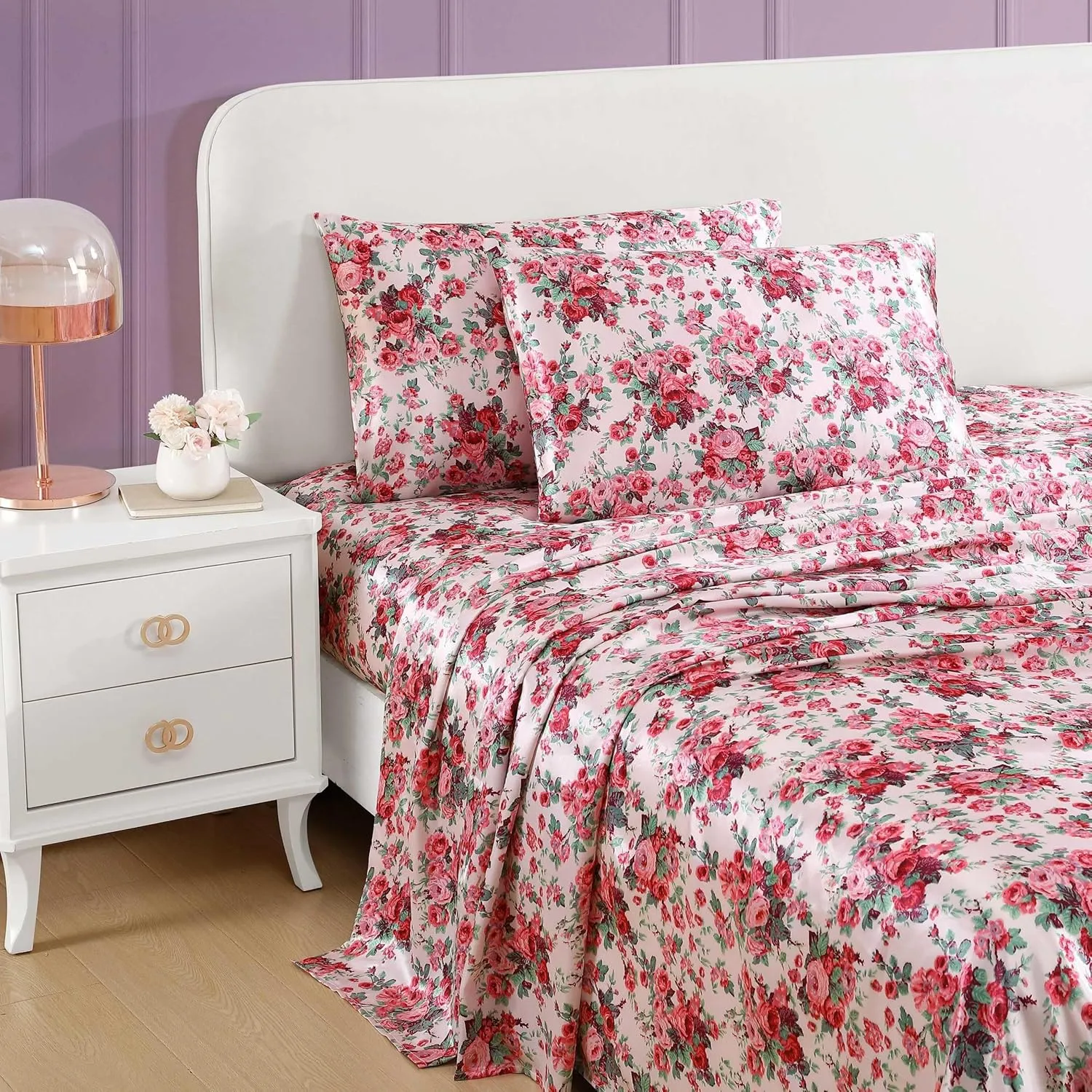 Betsey Johnson - Queen Bed Sheets, Satin Bedding Set with Matching Shams, Smooth & Silky, Chic Room Essentials (Vintage Floral Pink, Queen)
