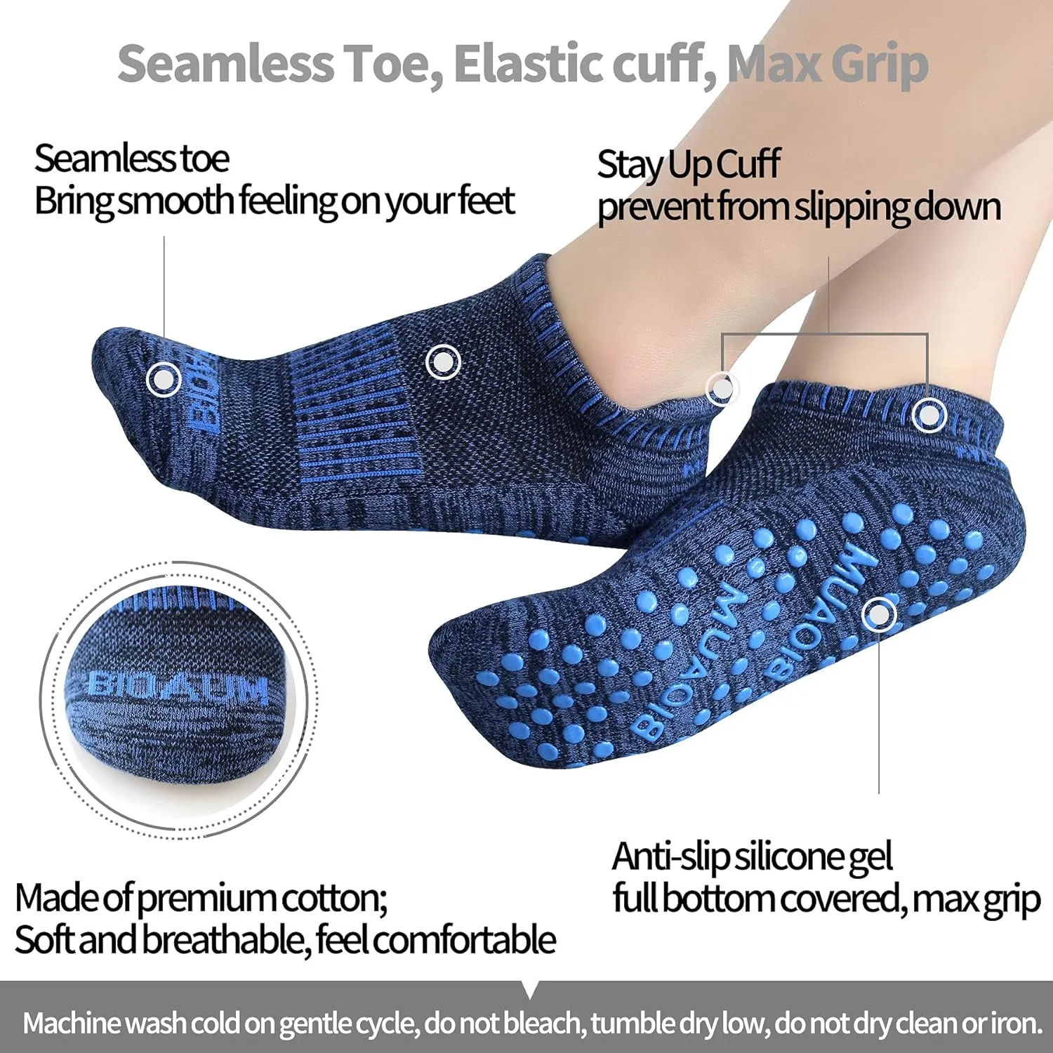 BIOAUM Yoga Socks for Women - 6 Pairs Cotton Cushion Non Slip Grip Slipper Pilates Hospital Socks