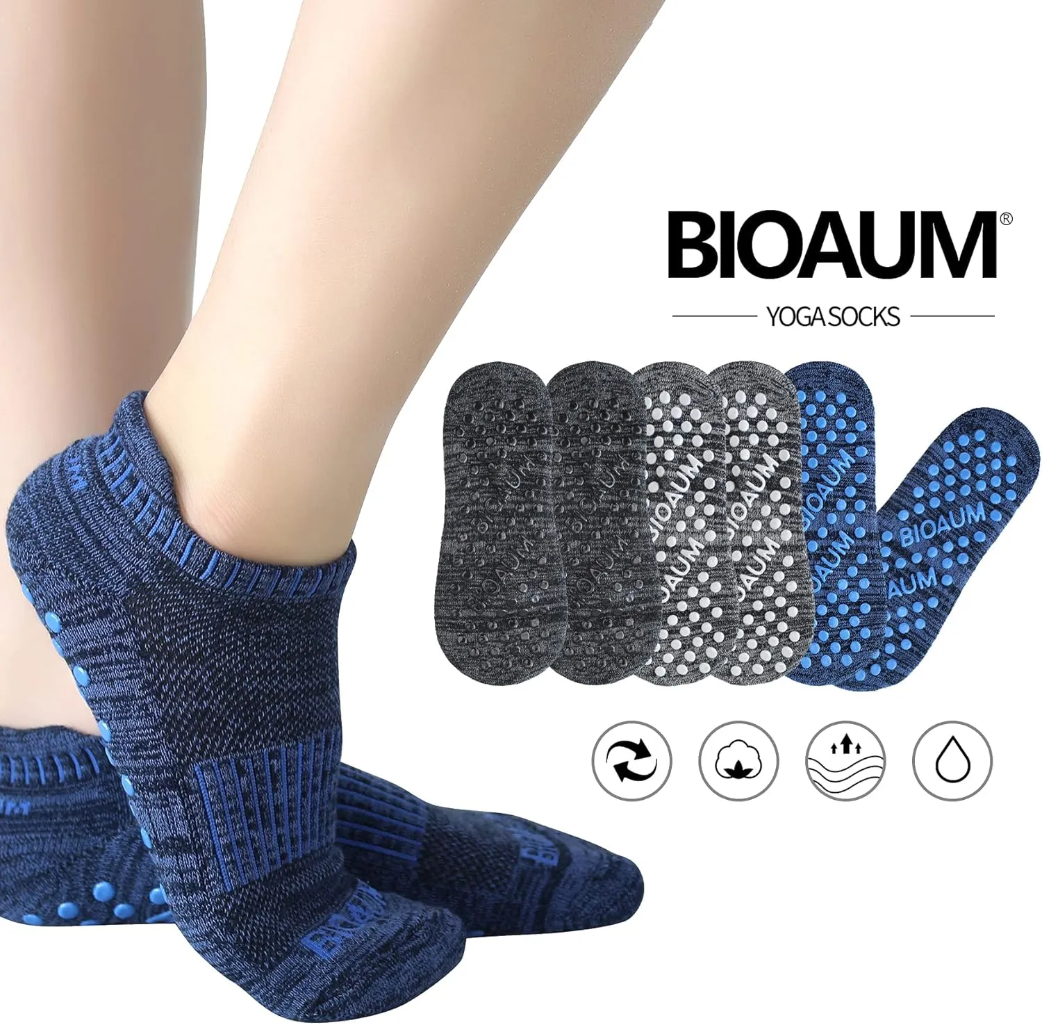 BIOAUM Yoga Socks for Women - 6 Pairs Cotton Cushion Non Slip Grip Slipper Pilates Hospital Socks