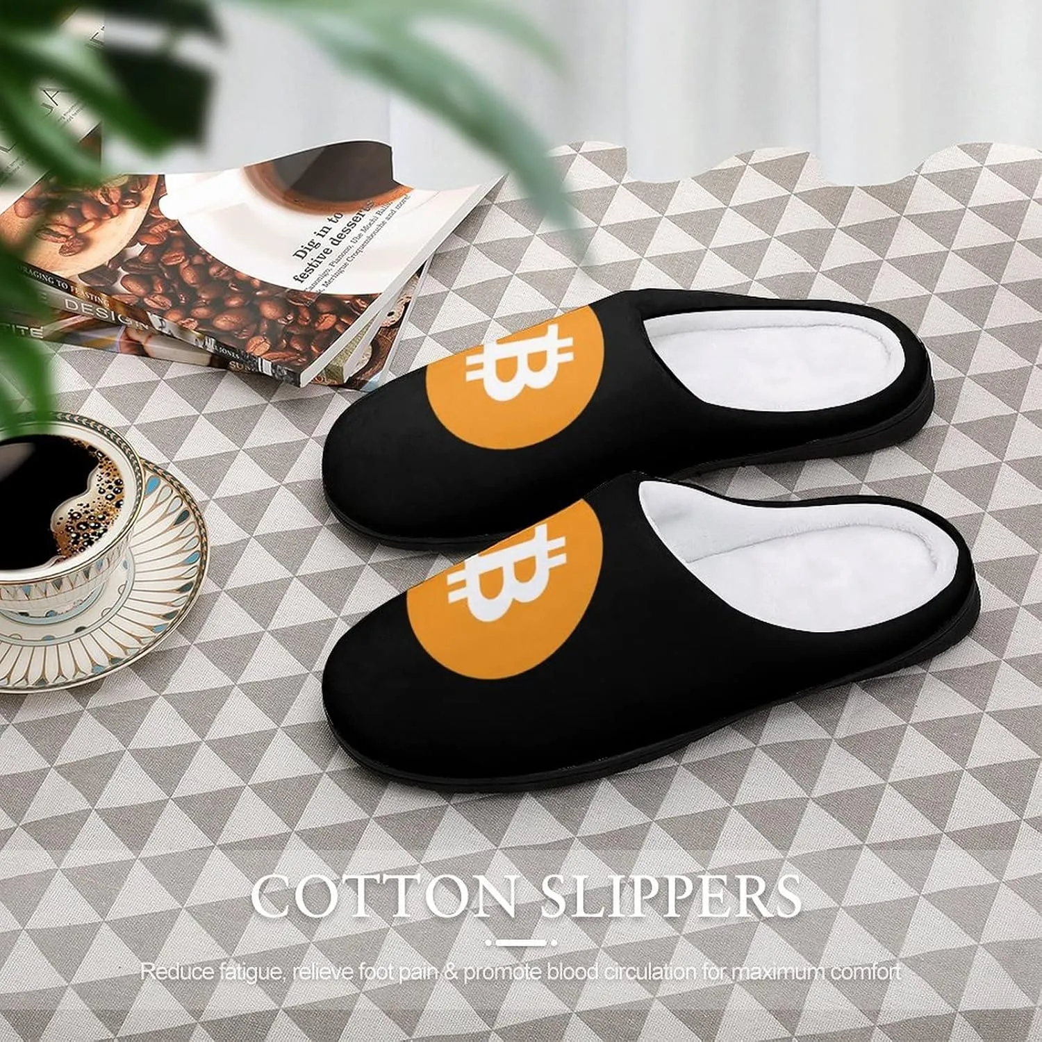 Bitcoin Symbol Cotton Slippers Memory Foam House Slippers Closed Toe Winter Warm Shoes