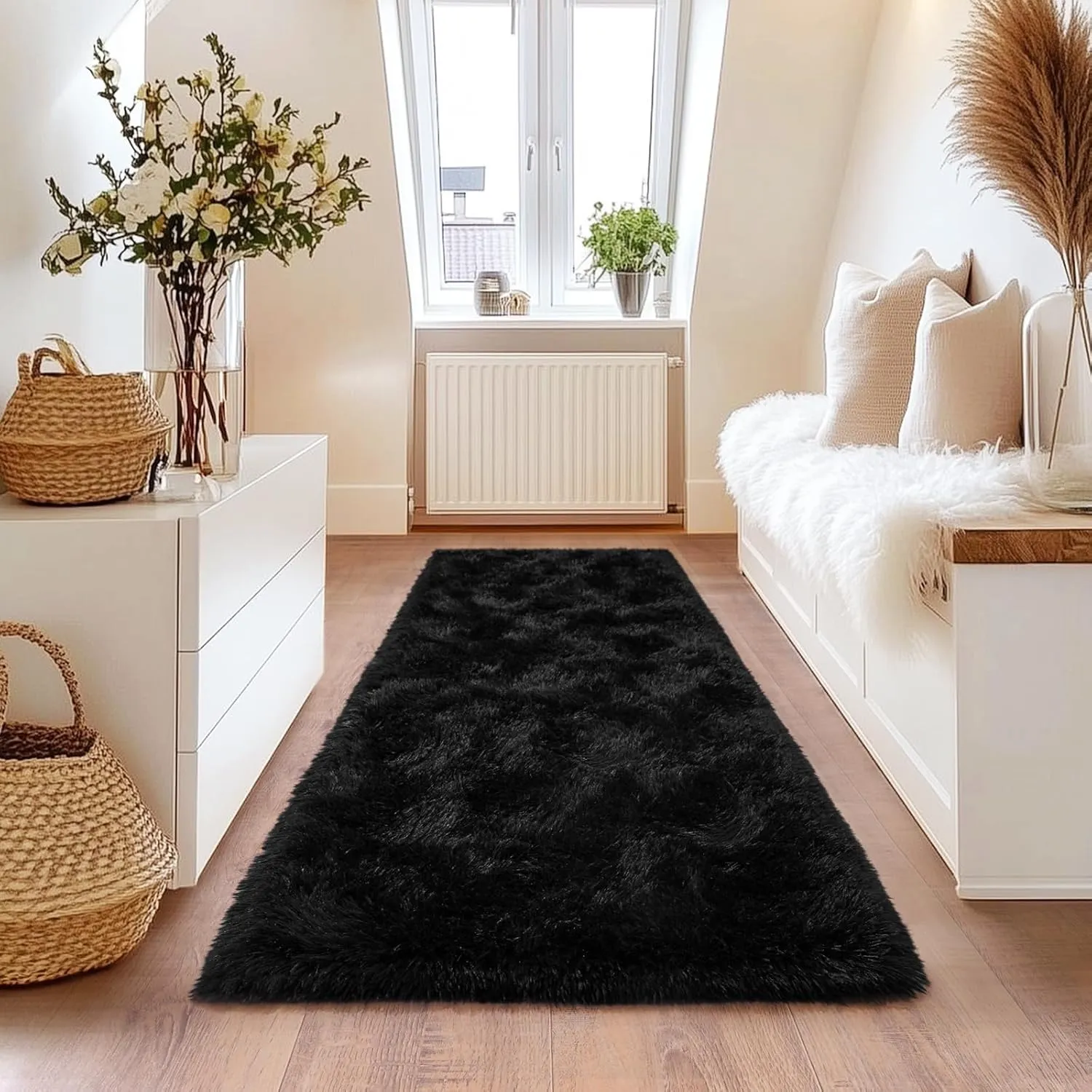 Black Runner Rug for Hallway, Bedroom Bedside Plush Rugs, Non Slip Fluffy Shaggy Carpet for Kids Home Decor, Dorm Nursery 2x6 Ft