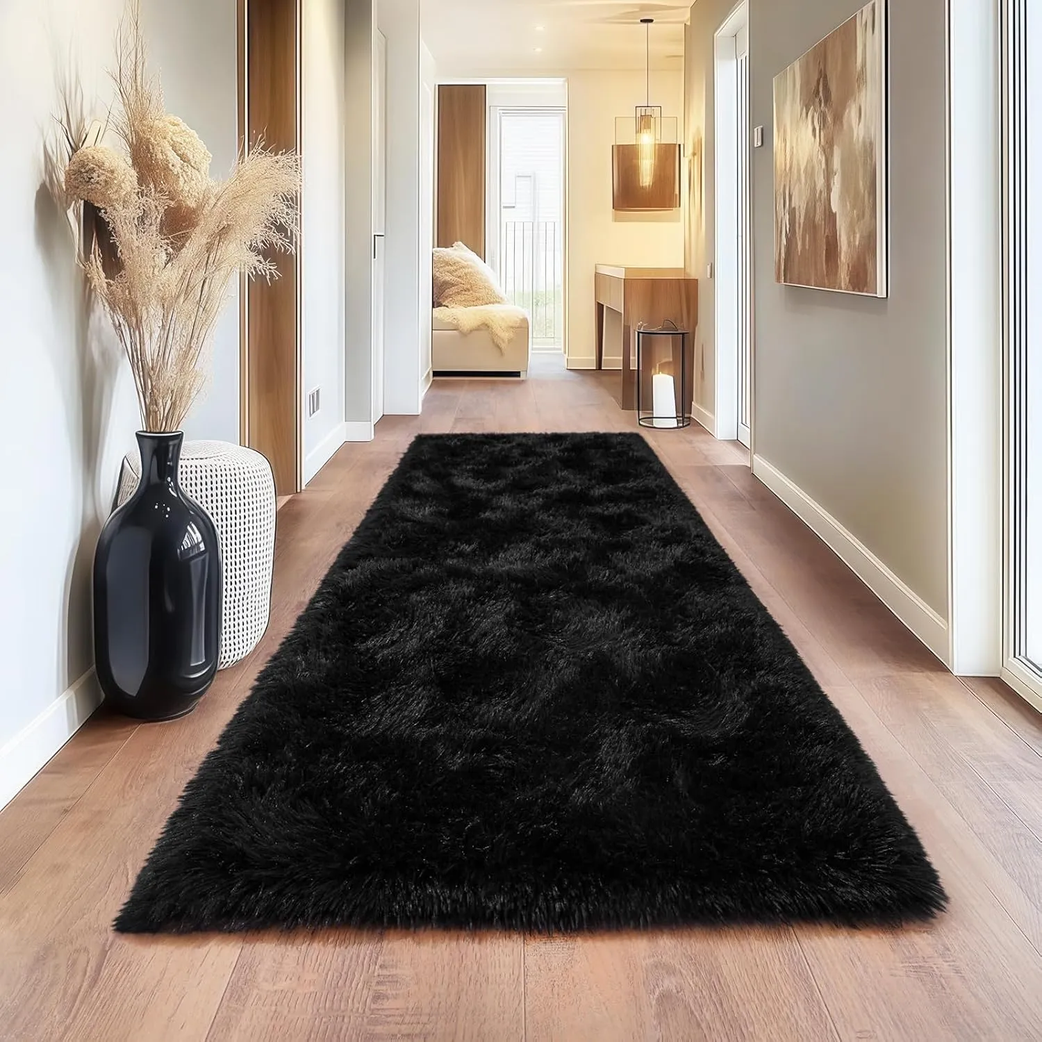 Black Runner Rug for Hallway, Bedroom Bedside Plush Rugs, Non Slip Fluffy Shaggy Carpet for Kids Home Decor, Dorm Nursery 2x6 Ft