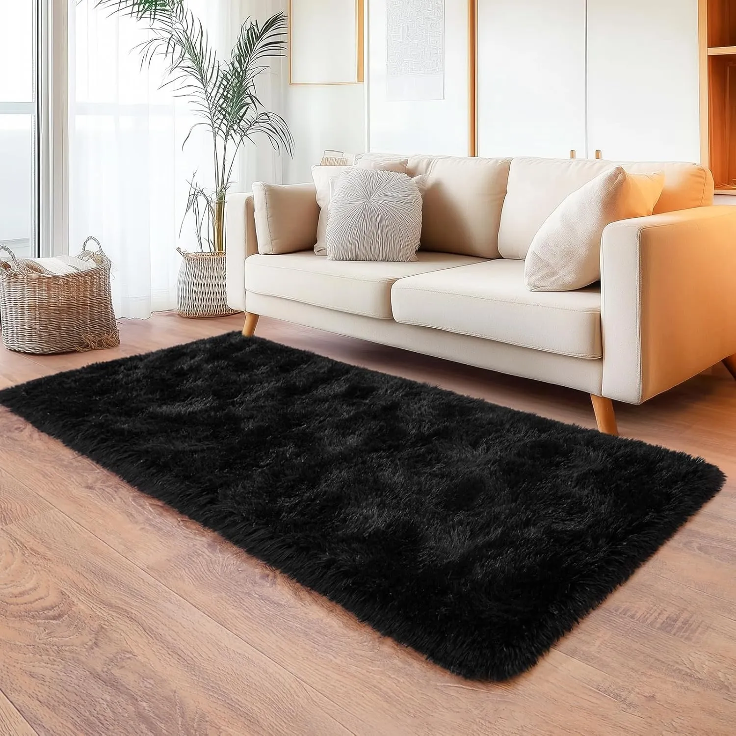 Black Runner Rug for Hallway, Bedroom Bedside Plush Rugs, Non Slip Fluffy Shaggy Carpet for Kids Home Decor, Dorm Nursery 2x6 Ft