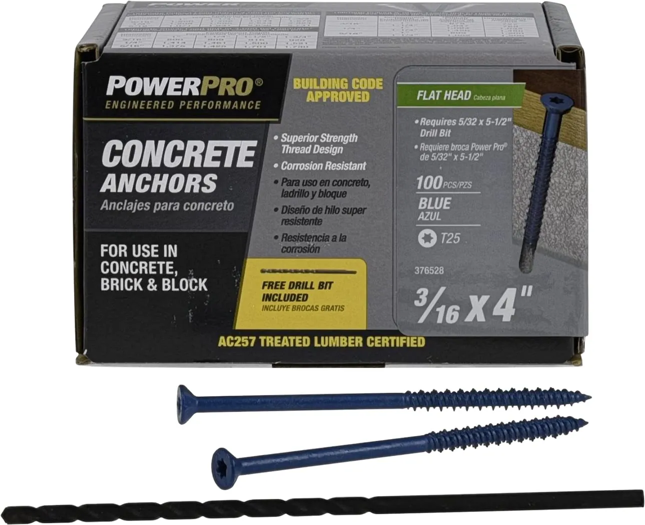 Blue Flat-Head Concrete Screw Anchors (3/16" x 4") - 100 pc