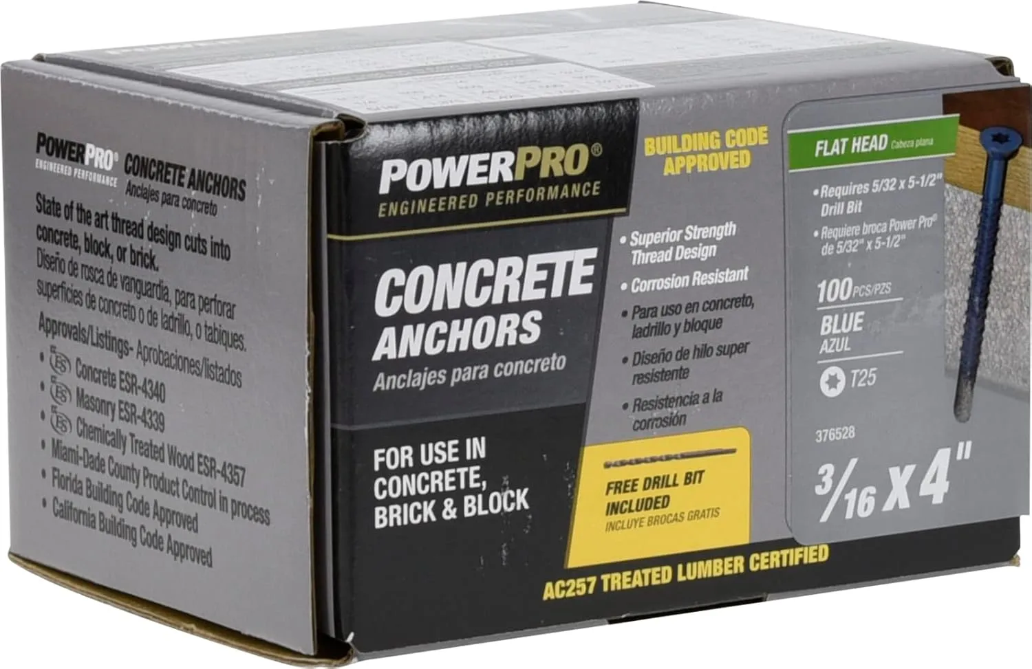 Blue Flat-Head Concrete Screw Anchors (3/16" x 4") - 100 pc