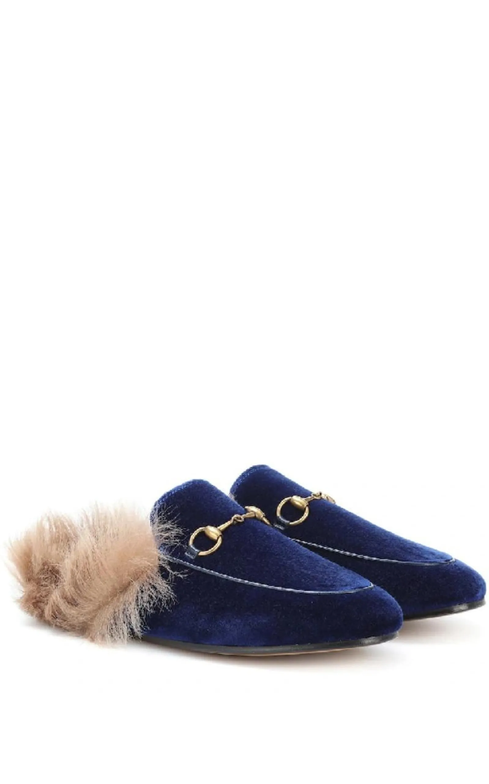 Blue Velvet & Fur Princetown Slippers