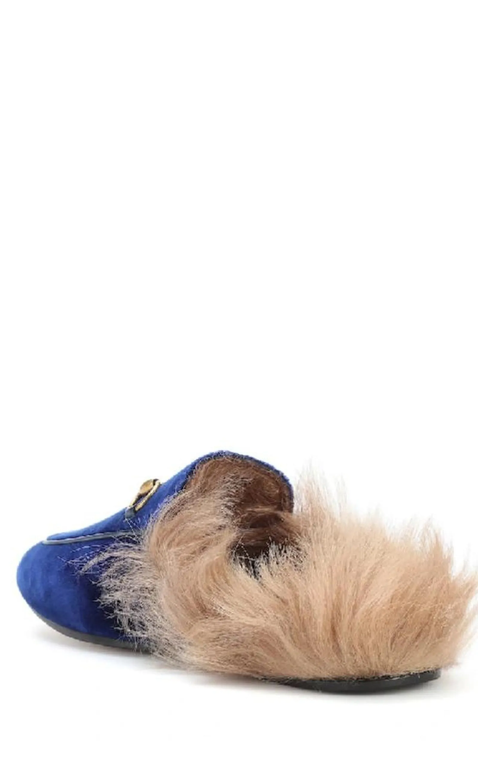 Blue Velvet & Fur Princetown Slippers