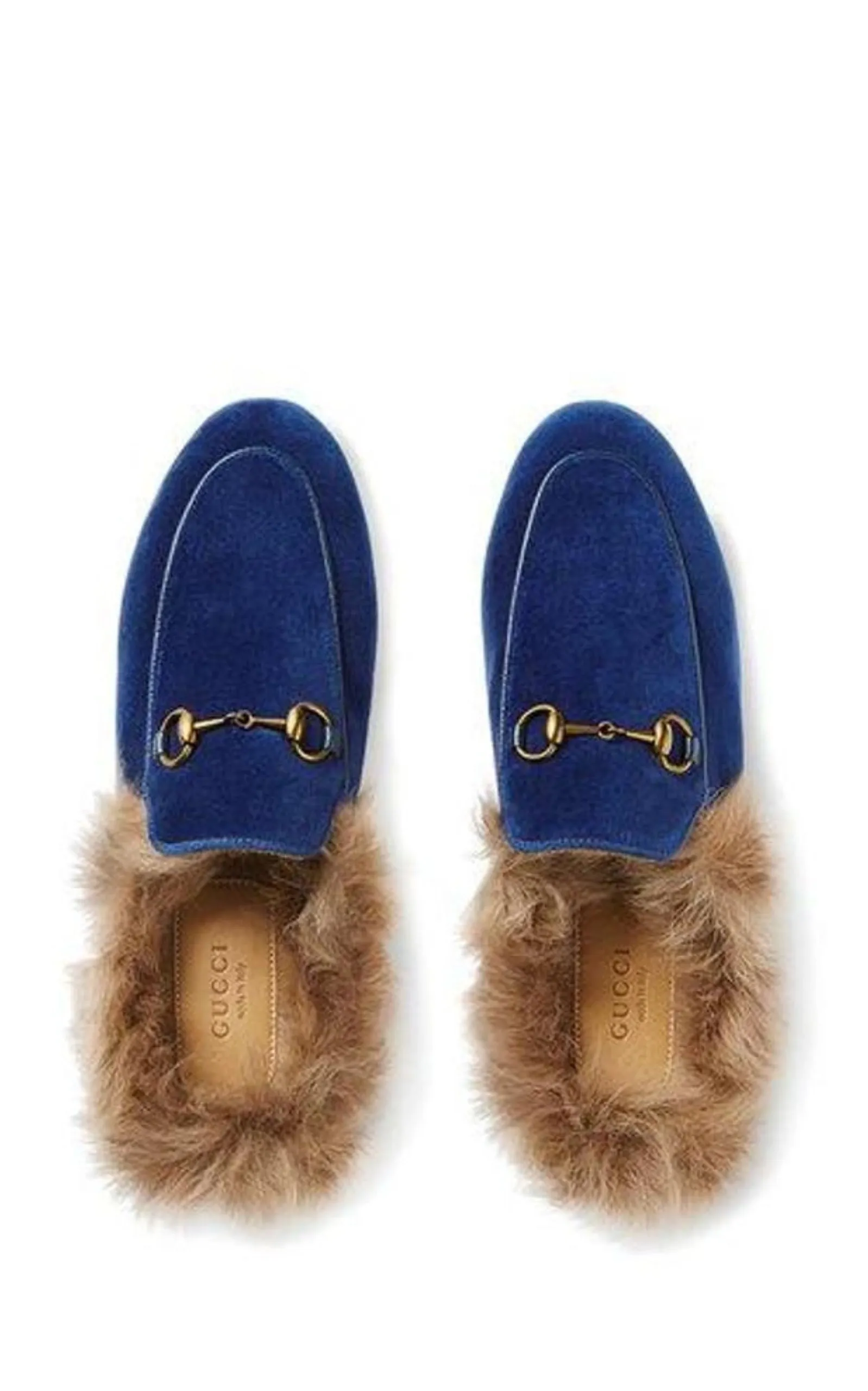 Blue Velvet & Fur Princetown Slippers