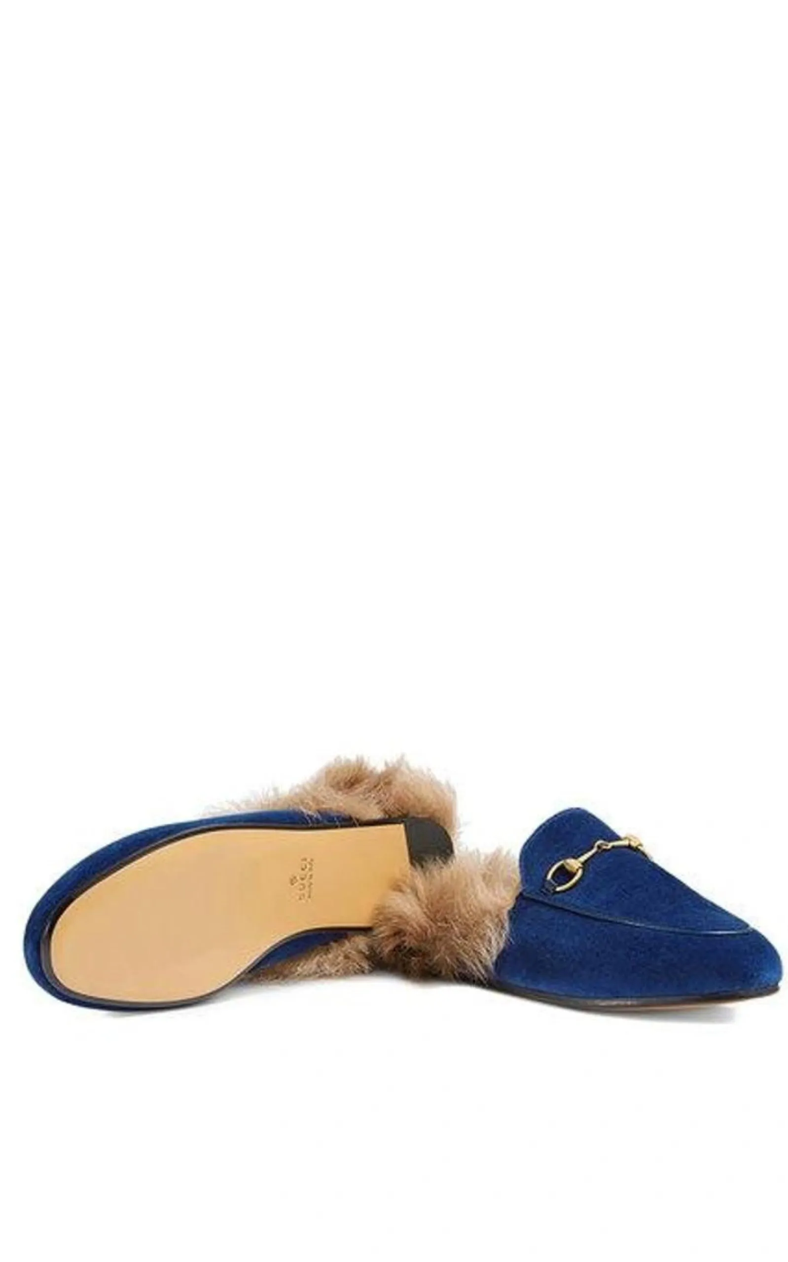 Blue Velvet & Fur Princetown Slippers