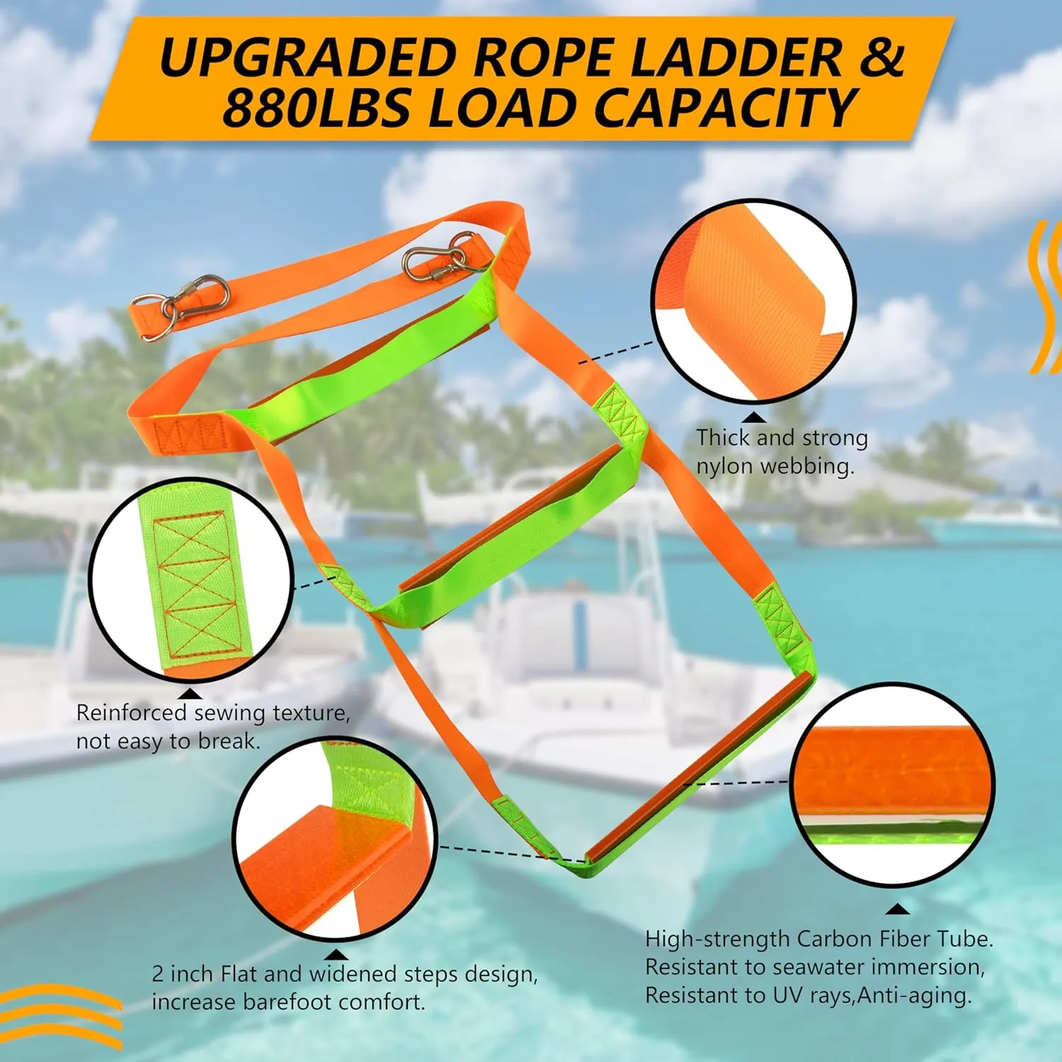 Boat Rope Ladder, 3 Step Boat Ladder, Heavy Duty 880lbs Strength with Carbon Fiber Reinforced Flat Steps, Foldable Boarding Rope Ladder for Inflatable Boat, Pontoon Boat, Sailboat, Kayak,Motorboat
