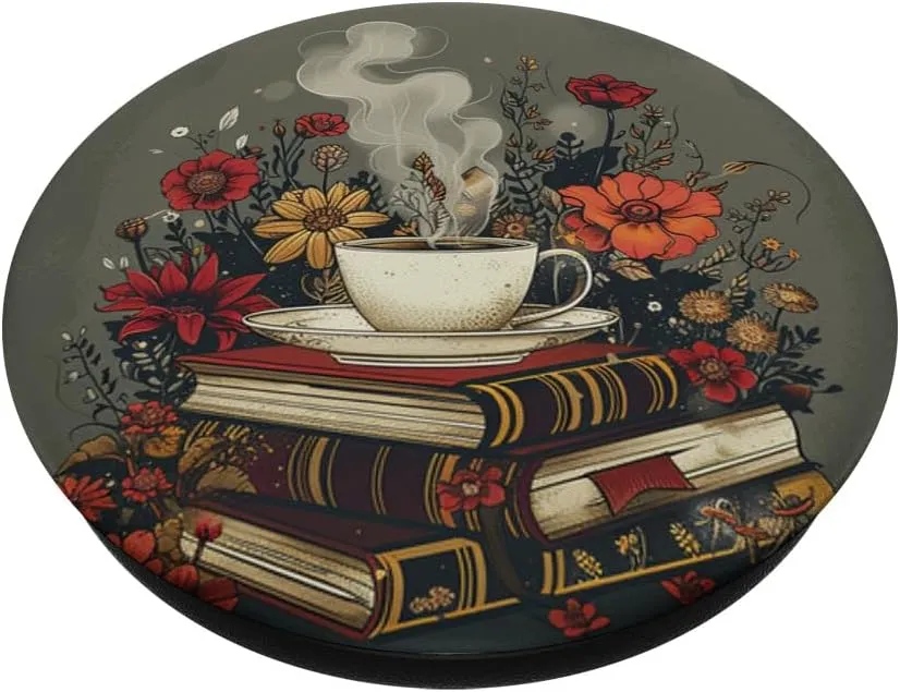Books And Coffee Lover Flower Reading Book PopSockets Adhesive PopGrip