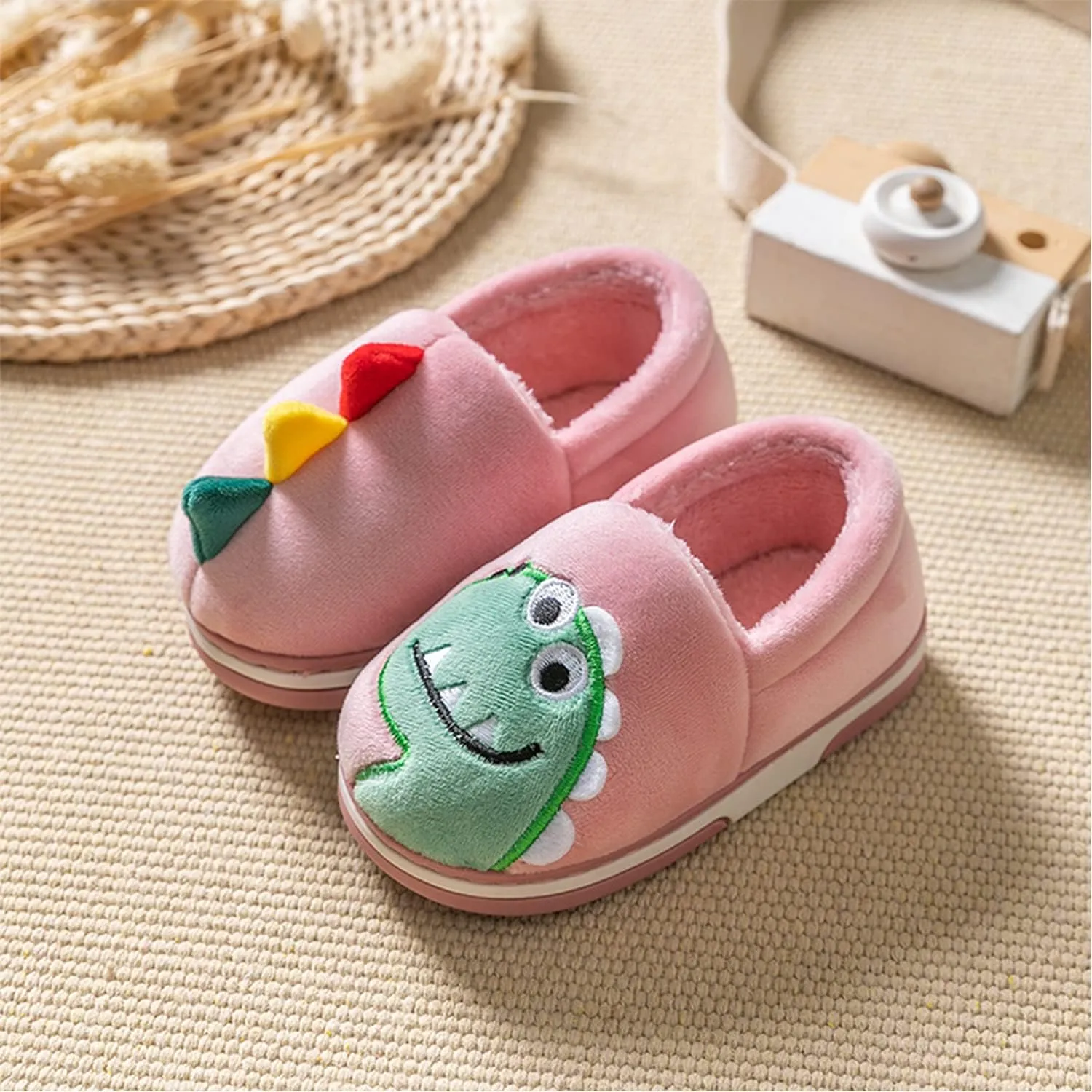 Boy's Girls Cute Dinosaur Warm Slippers - Kids Soft Plush Lined House Indoor Slip on Shoes