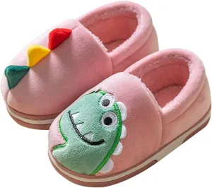 Boy's Girls Cute Dinosaur Warm Slippers - Kids Soft Plush Lined House Indoor Slip on Shoes