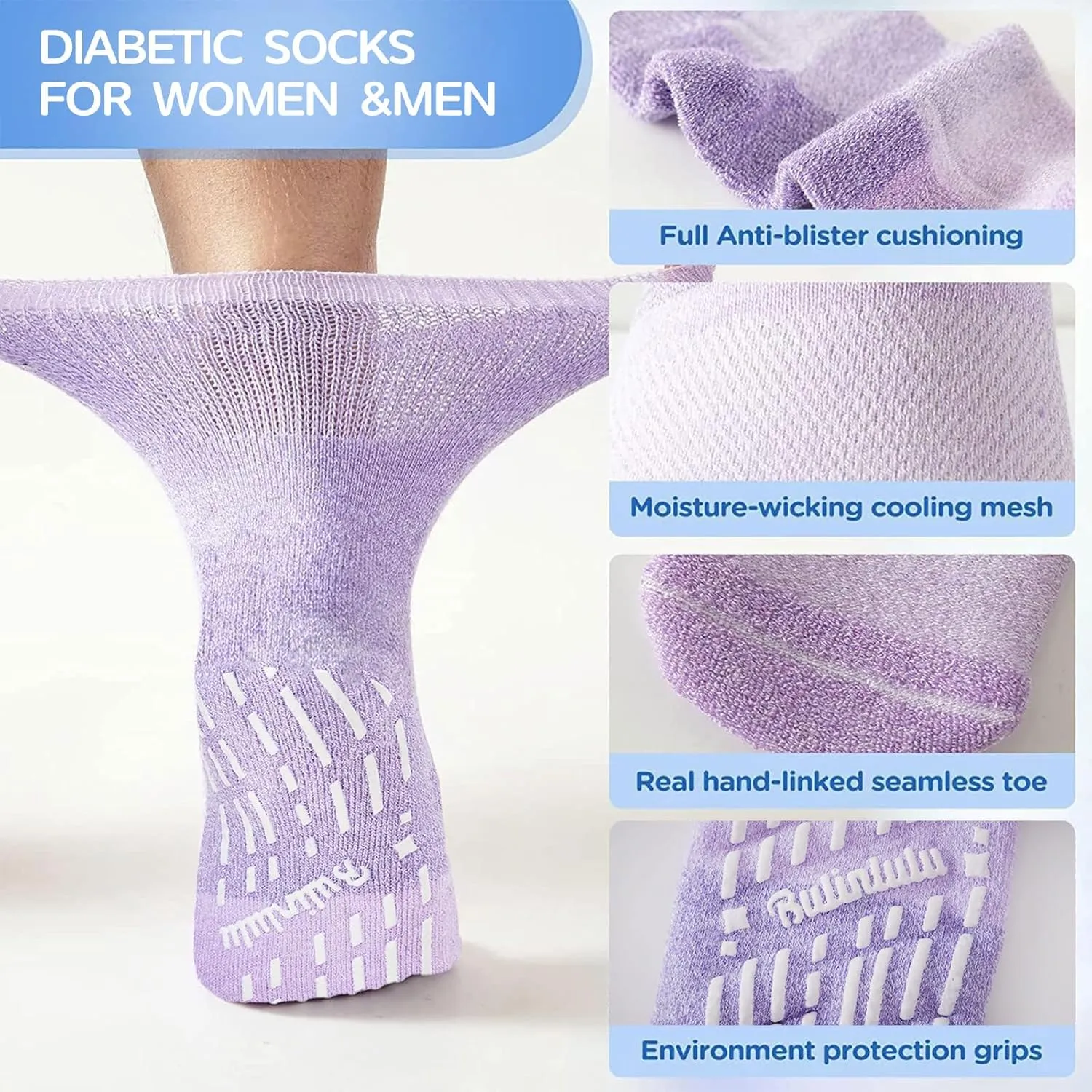 Bulinlulu Bamboo Viscose Diabetic Socks with Grippers for Men Women -6 Pairs Non Binding Ankle Slipper Socks Size 6-9 9-12