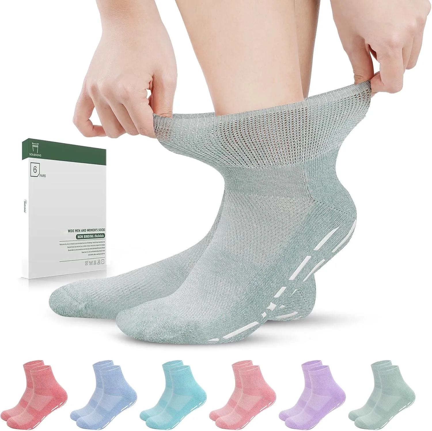 Bulinlulu Bamboo Viscose Diabetic Socks with Grippers for Men Women -6 Pairs Non Binding Ankle Slipper Socks Size 6-9 9-12