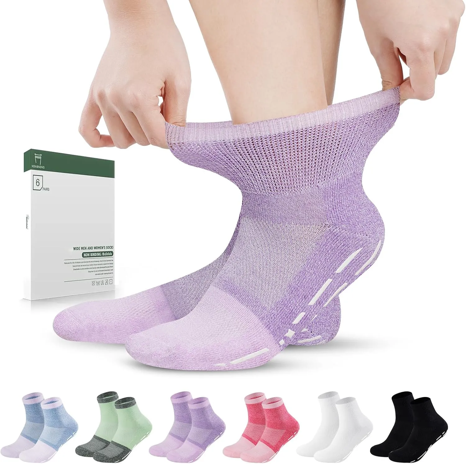 Bulinlulu Bamboo Viscose Diabetic Socks with Grippers for Men Women -6 Pairs Non Binding Ankle Slipper Socks Size 6-9 9-12