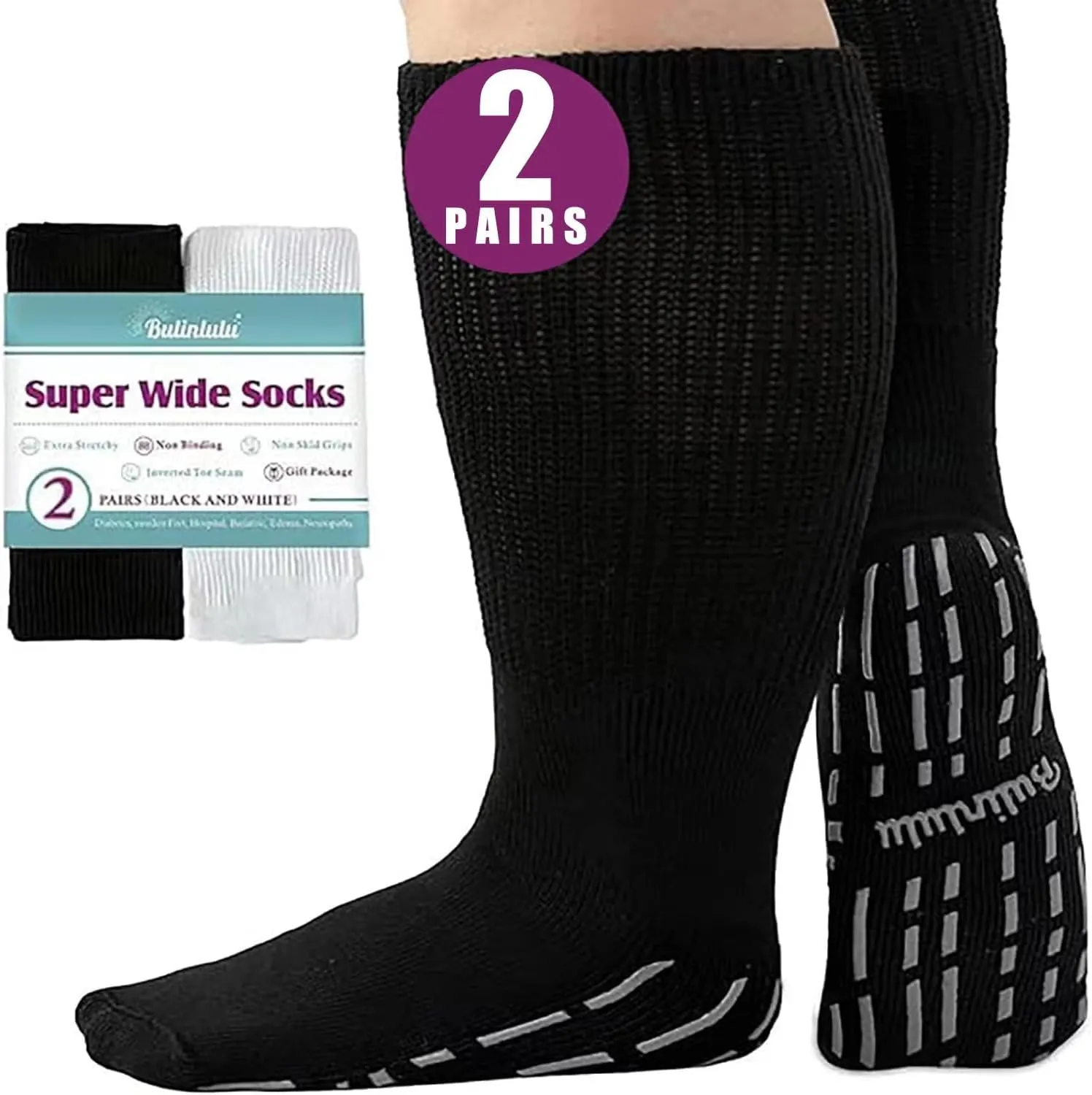 Bulinlulu Extra Width Socks - 2 Pairs Hospital Grip Socks for Women, Men 13-15; ideal for Diabetic, Lymphedema and Bariatric Feet in Black, White